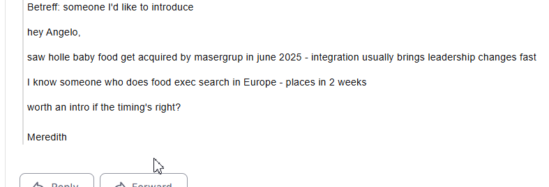 Real outreach email: subject 'someone I'd like to introduce', referencing Holle Baby Food's acquisition by Masergroup